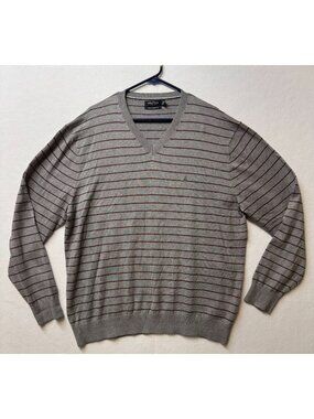 Nautica Mens XXL Gray V-Neck Sweater With Burgundy Stripes Ribbed Hem & Cuffs
